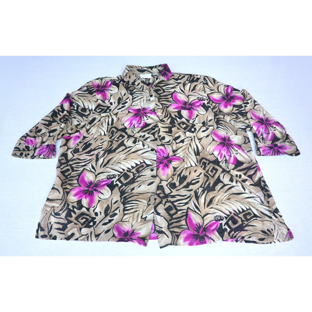 Alfred Dunner Womens 3X Crinkle Button Up Shirt Hibiscus Palm Print Tan Pink